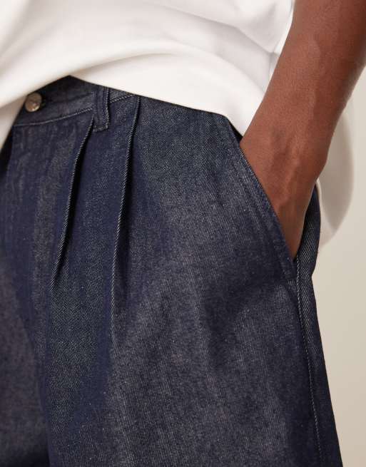 ASOS DESIGN long length denim jorts with pleats in dark wash blue