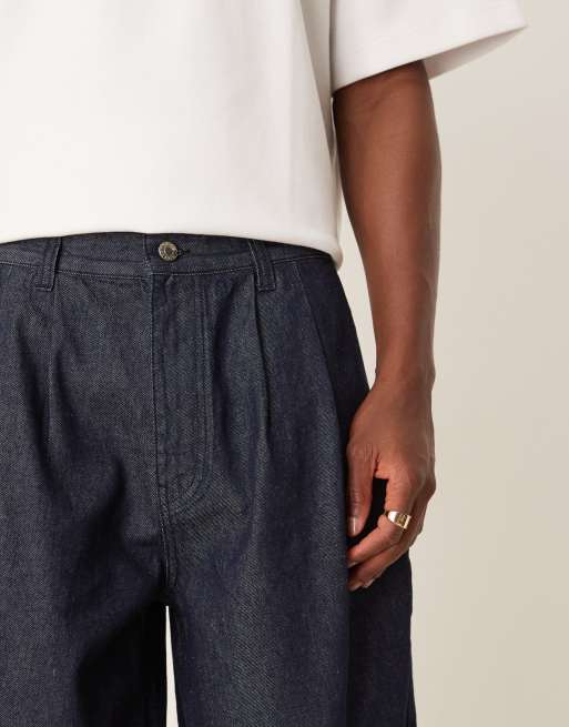 ASOS DESIGN long length denim jorts with pleats in dark wash blue