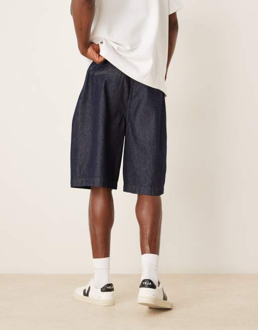 ASOS DESIGN long length denim jorts with pleats in dark wash blue