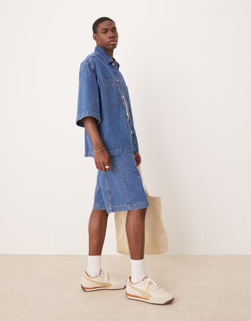 ASOS DESIGN long length denim jorts with seam detailing in mid wash blue - part of a set