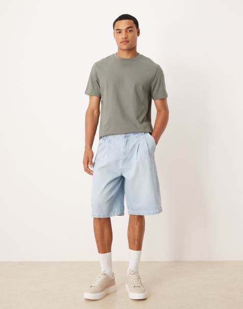 ASOS DESIGN long length double pleated denim jort in bleach wash - view 1