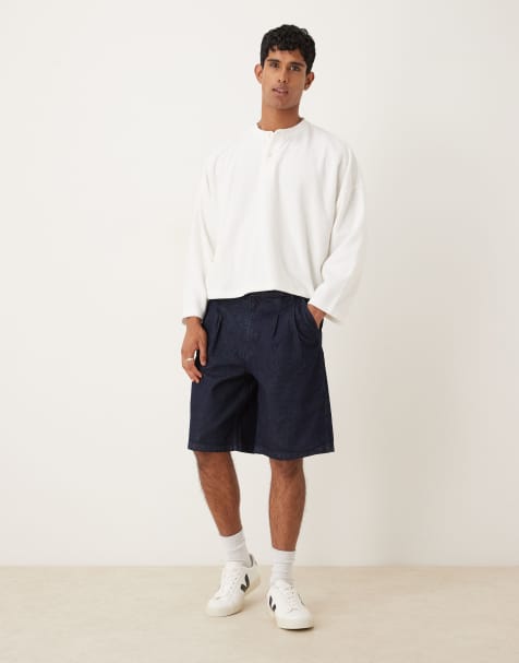 ASOS DESIGN long length double pleated denim jort in mid wash blue - view 1