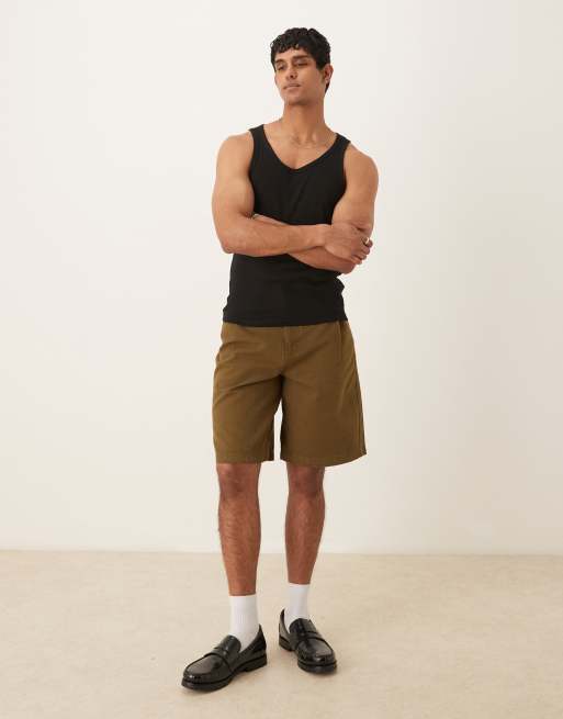 ASOS DESIGN long length jorts with pleat detailing in khaki