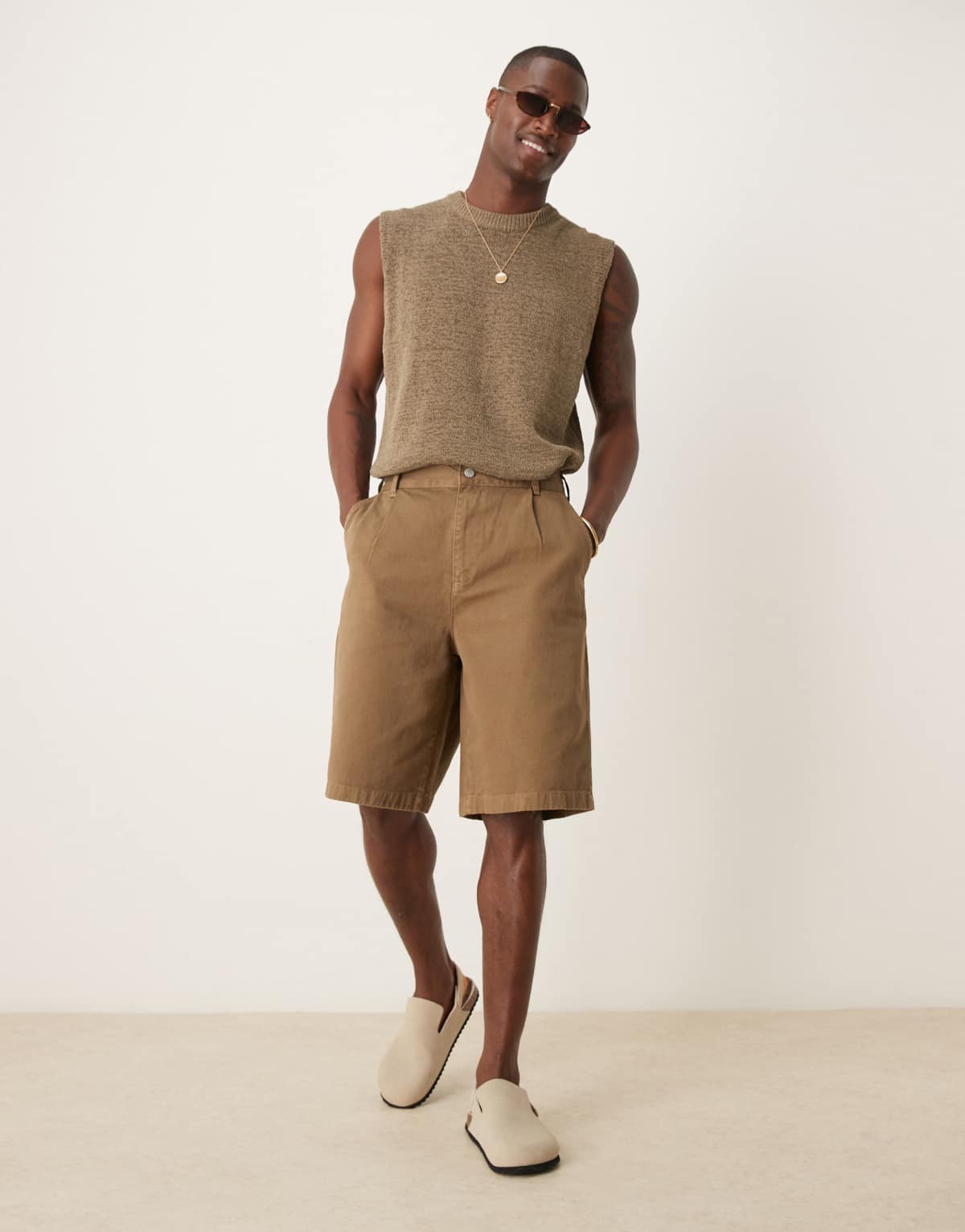 ASOS DESIGN long length jorts with pleats and double darts in khaki