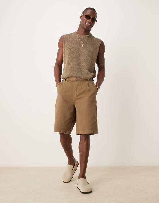 ASOS DESIGN long length jorts with pleats and double darts in tan
