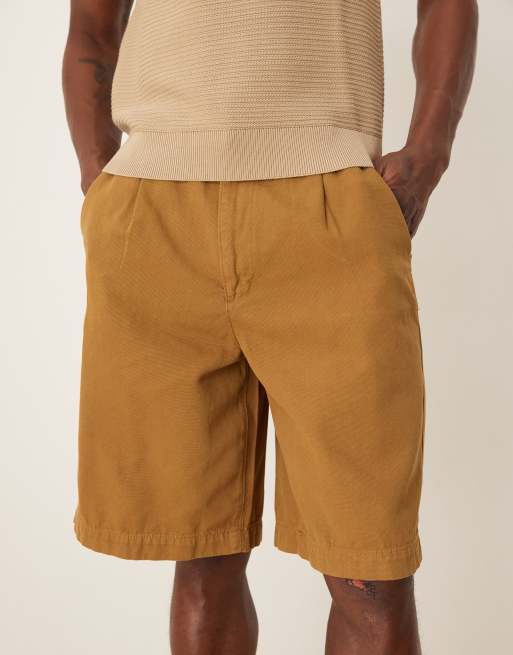 ASOS DESIGN long length jorts with pleats and double darts in tan
