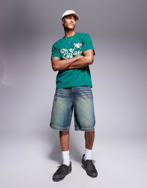 ASOS DESIGN long length pleated denim jort with tint in green, 2 of 5