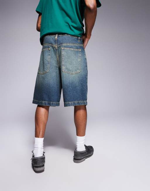 ASOS DESIGN long length pleated denim jort with tint in green, 4 of 5