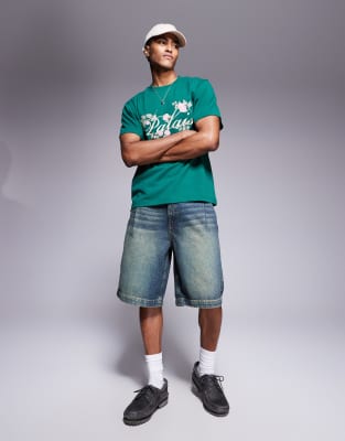 long length pleated denim jorts with tint in green-Blue