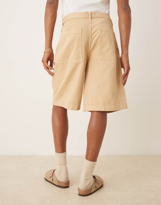 ASOS DESIGN long length pleated shorts in beige | ASOS