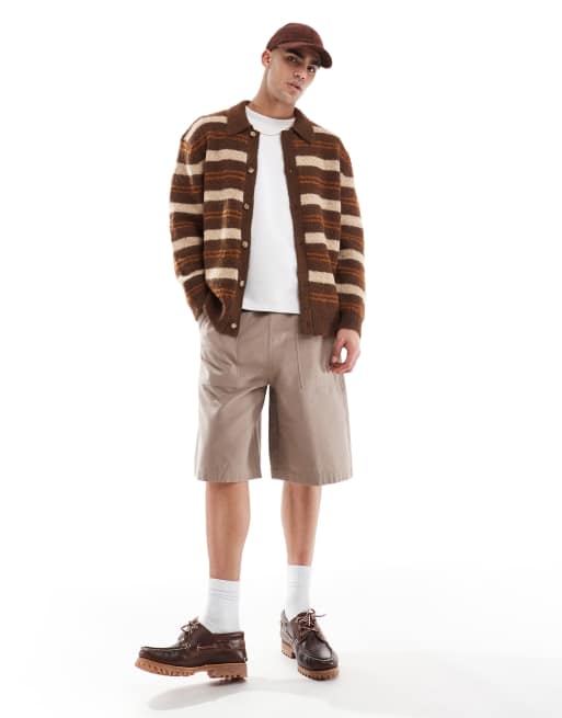 ASOS DESIGN long length textured jorts with workwear patch in washed brown