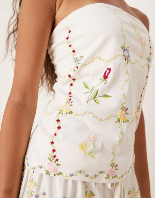 ASOS DESIGN long line bandeau co-ord with flower embroidery in white, 3 of 4