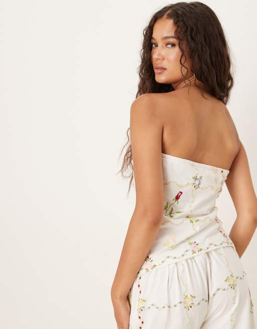 ASOS DESIGN long line bandeau with flower embroidery in white - part of a set