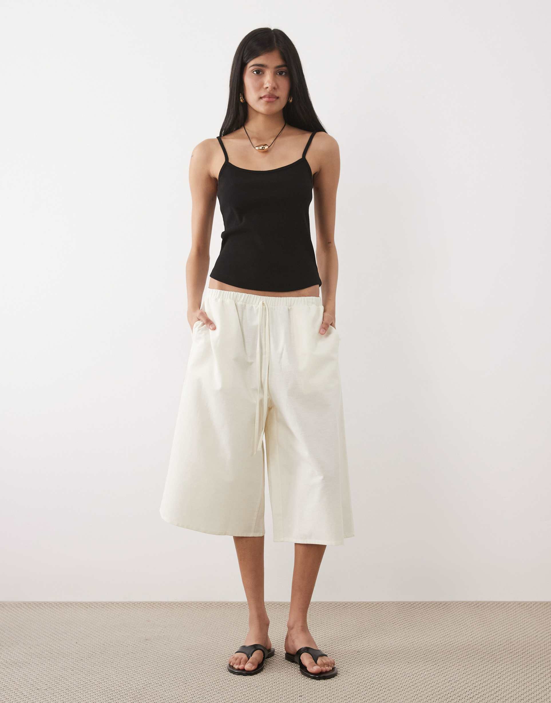 asos design long line bermuda shorts in ivory linen look