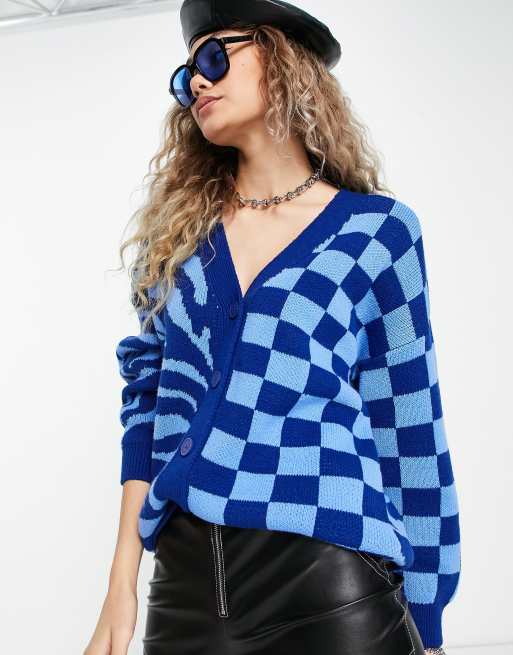 ASOS DESIGN long line cardi in mixed animal and check pattern in blue