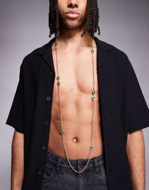 ASOS DESIGN long line chain necklace with green stone embellishments in gold tone - view 1
