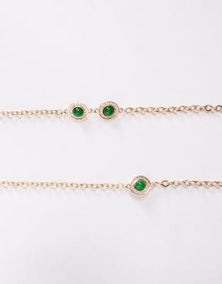 Asos Design Long Line Chain Necklace With Green Stone Embellishments In Gold