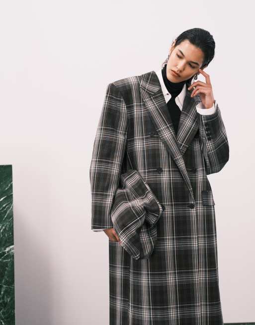 ASOS DESIGN long line double breasted jacket in brown and grey check, 2 of 4