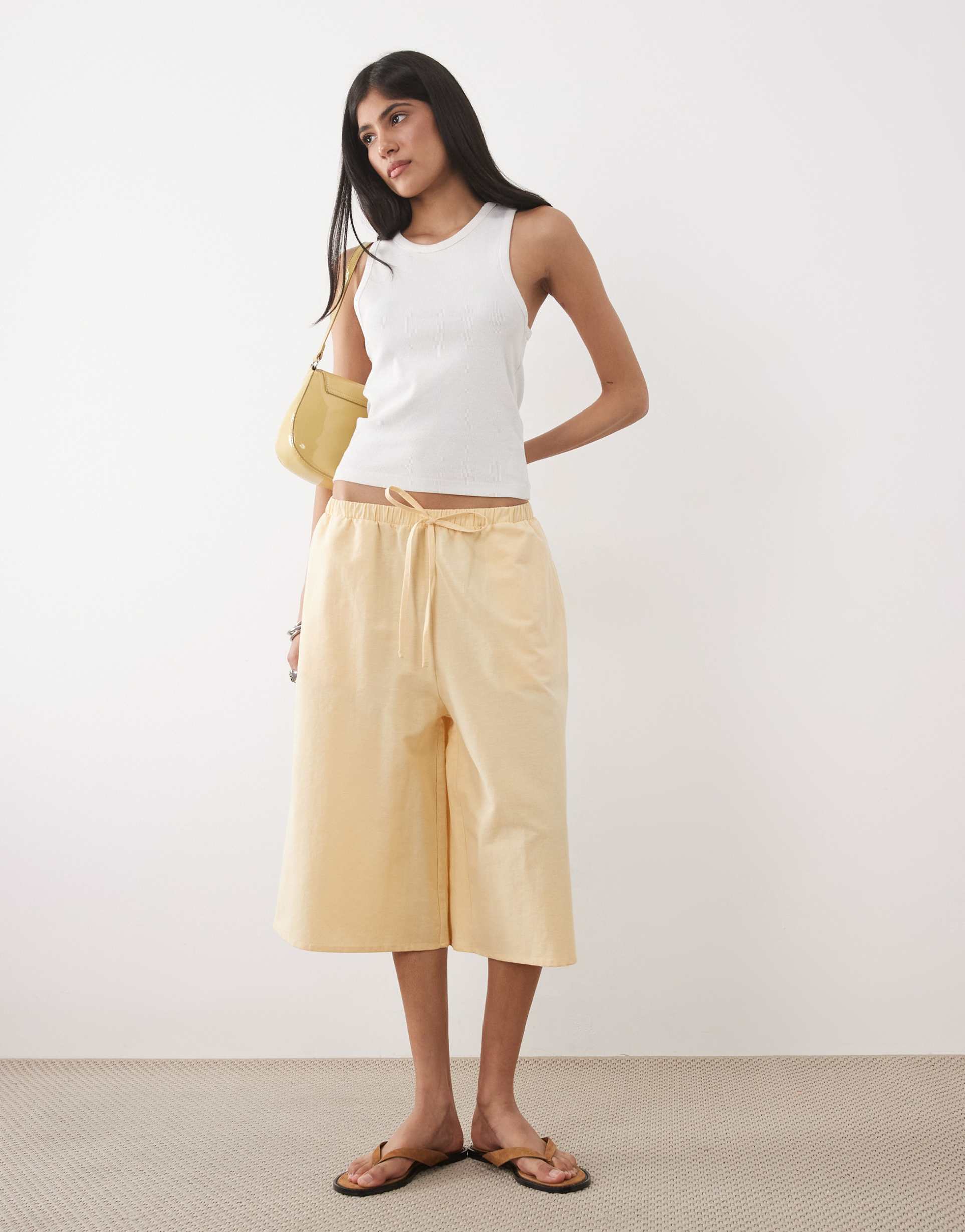 asos design long line linen look bermuda shorts in buttermilk
