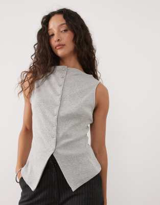 Asos Design Long Line Ribbed Boat Neck Button Through Tank In Gray