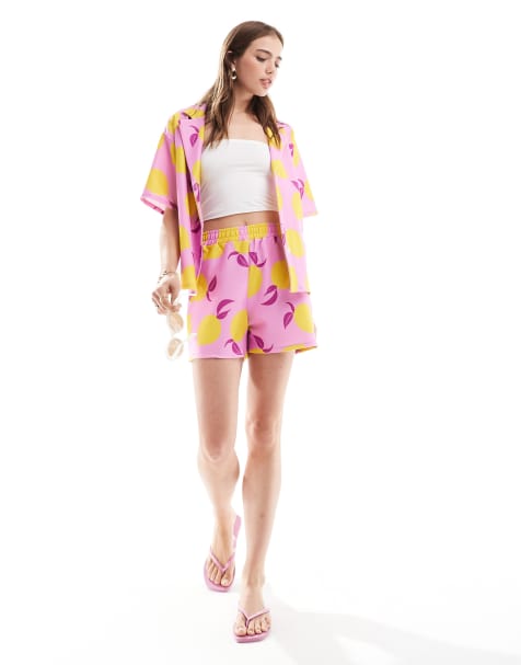 ASOS DESIGN long line short and oversized shirt co-ord in pink lemon print - MULTI - view 1