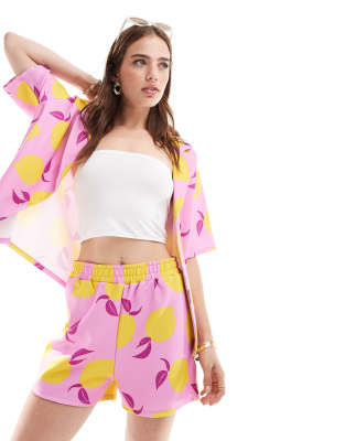 ASOS DESIGN long line short co-ord in pink lemon print-Multi