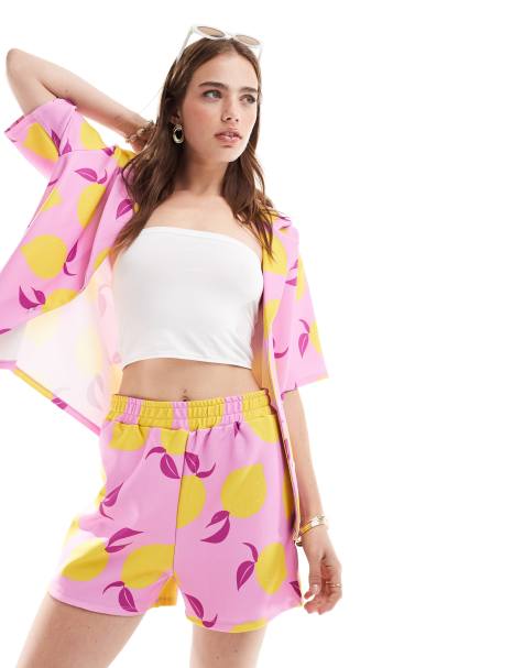 ASOS DESIGN long line short co-ord in pink lemon print - view 1