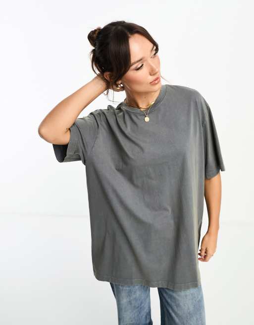 ASOS DESIGN long line t-shirt in washed charcoal