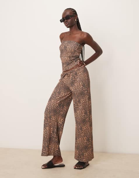 ASOS DESIGN long line waffle bandeau and trousers co-ord in leopard print - view 1