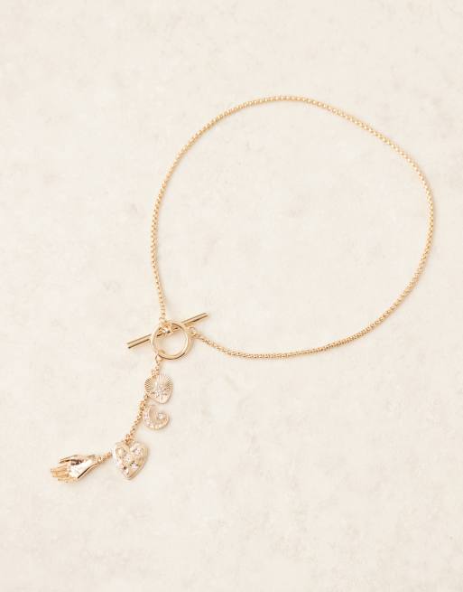 ASOS DESIGN long necklace with t-bar charm details in gold tone