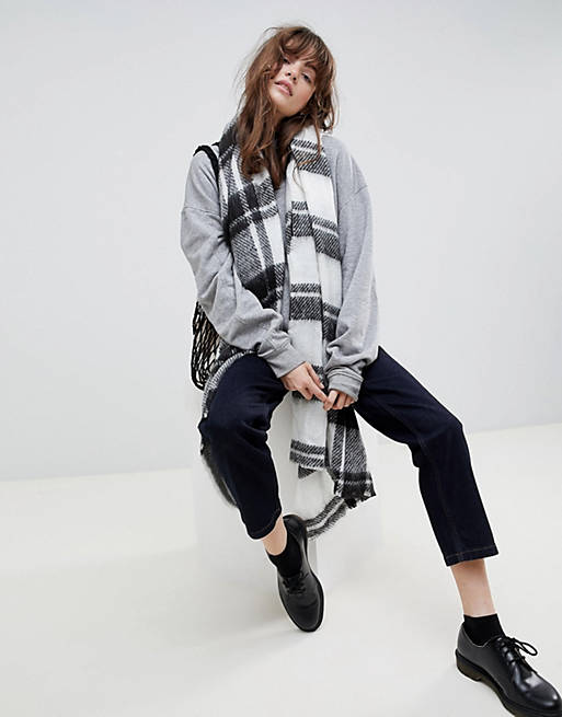 ASOS DESIGN long oversized brushed check scarf in mono