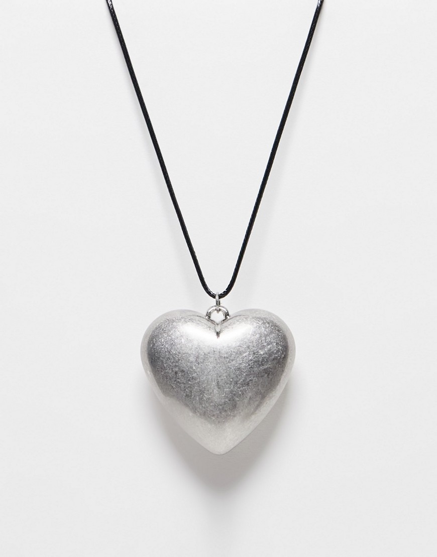 Asos Design Long Pendant Necklace With Large Puff Heart Detail In Silver Tone