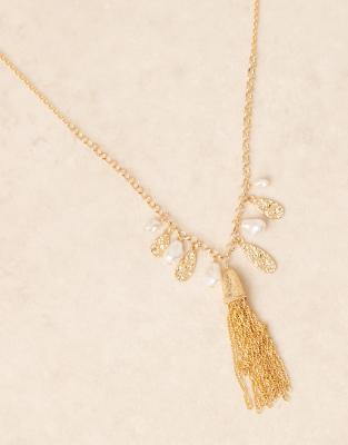 Asos Design Long Pendant Necklace With Tassel And Pearl Detail In Gold