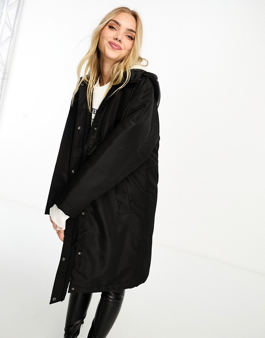 Asos Design Long Raincoat With Borg Lining And Placket In Black