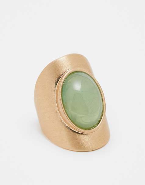 ASOS DESIGN long ring with faux sage stone set in brushed gold - view 1