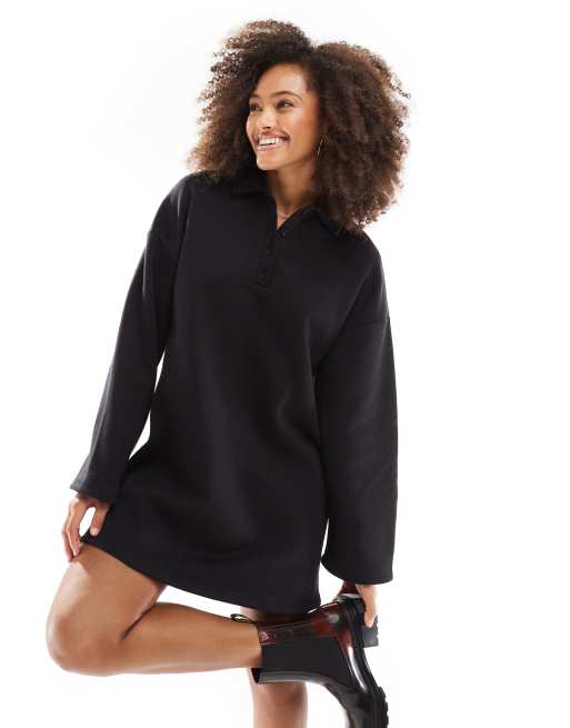 ASOS DESIGN long sleeeve rugby collar mini dress in black