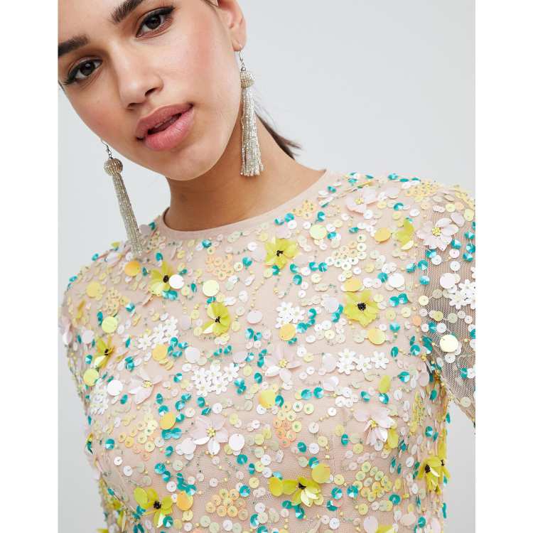 ASOS DESIGN long sleeve 3d floral embellished mini dress