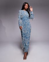 ASOS DESIGN embellished fishnet hotfix maxi dress with super scoop neck and lace trim in chocolate