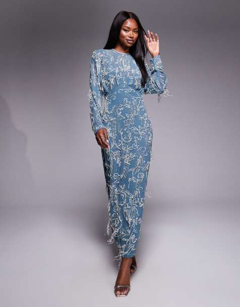 ASOS DESIGN long sleeve all over fringe embellished maxi dress in blue
