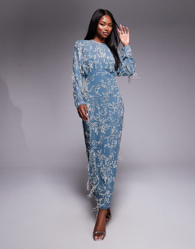 ASOS DESIGN long sleeve all over fringe embellished maxi dress in