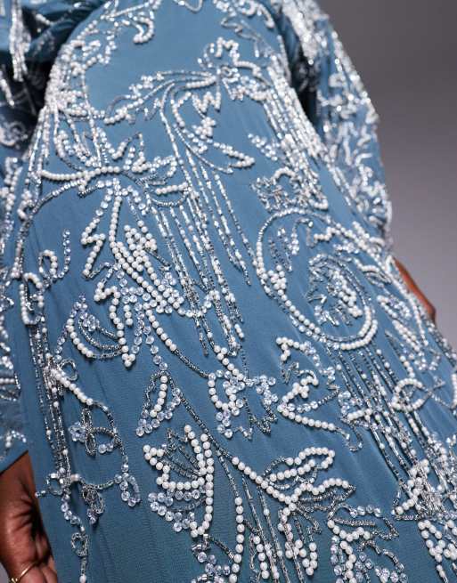 ASOS DESIGN - Maxi jurk met lange mouwen en franje in blauw
