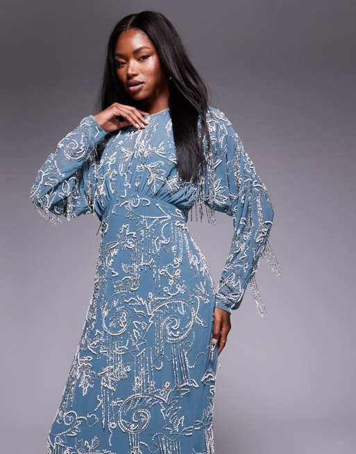 ASOS DESIGN - Maxi jurk met lange mouwen en franje in blauw