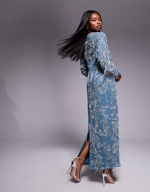 ASOS DESIGN - Maxi jurk met lange mouwen en franje in blauw