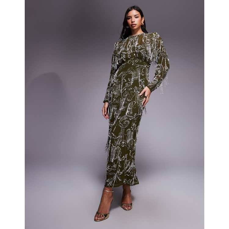 asos design all over embellished maxi dress with flared sleeves ASOS ARCHIVE all-over sequin embellished long sleeve dropped waist maxi  dress in silver