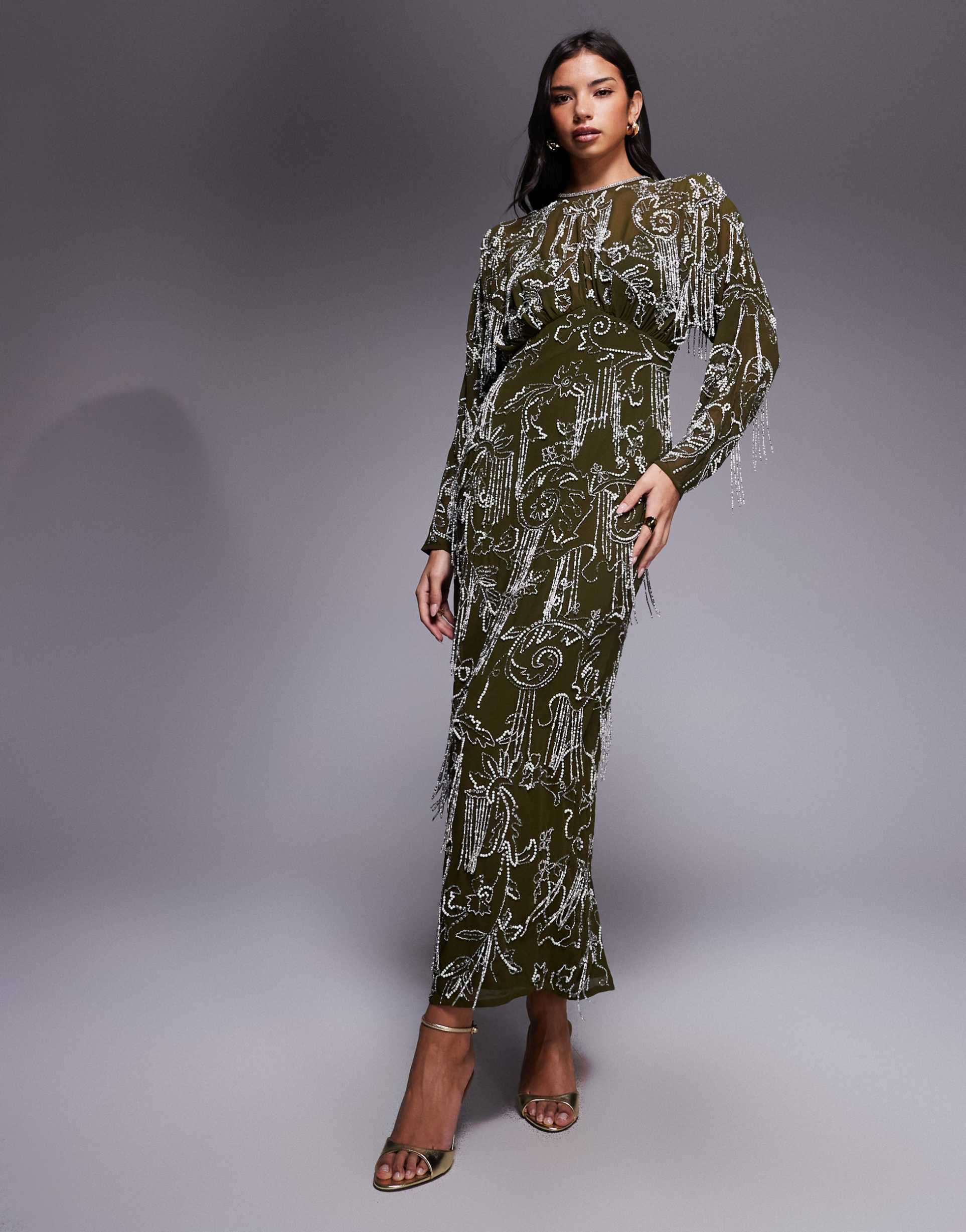 asos design long sleeve all over fringe embellished maxi dress in khaki
