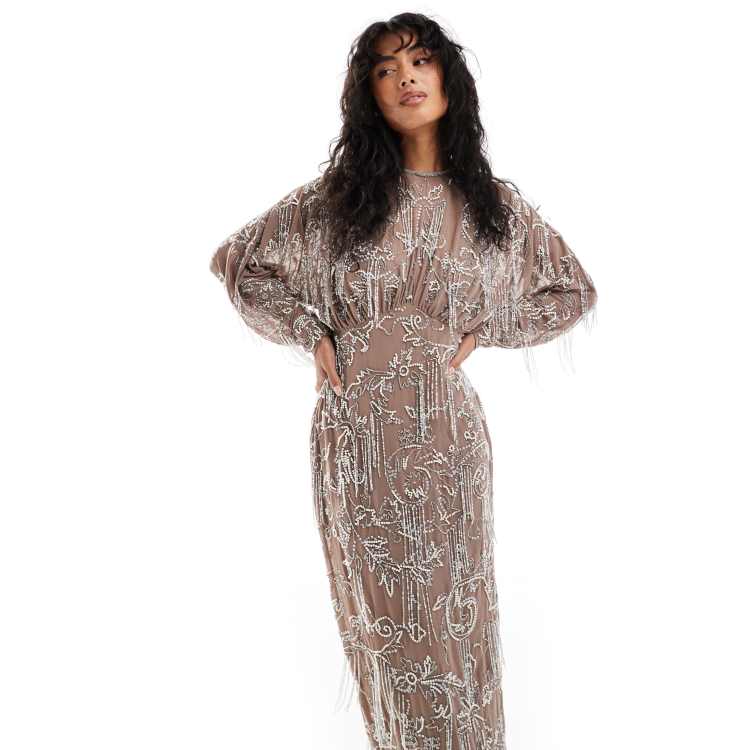 asos design all over embellished maxi dress with flared sleeves High neck long sleeve fit and flare maxi dress – John Paul Ataker main image 1