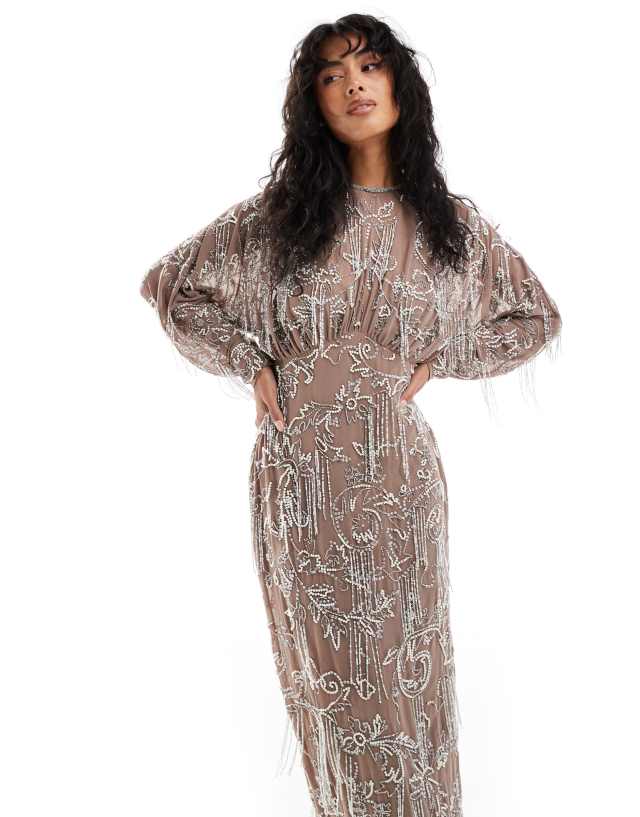 asos design fringe mesh strappy maxi bodycon dress long sleeve allover embellished in taupe Midi dress