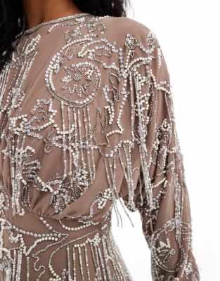 ASOS DESIGN long sleeve allover fringe embellished maxi dress in taupe |  ASOS