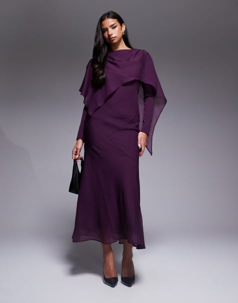 ASOS DESIGN long sleeve asymmetric cape overlay maxi dress in plum - view 1
