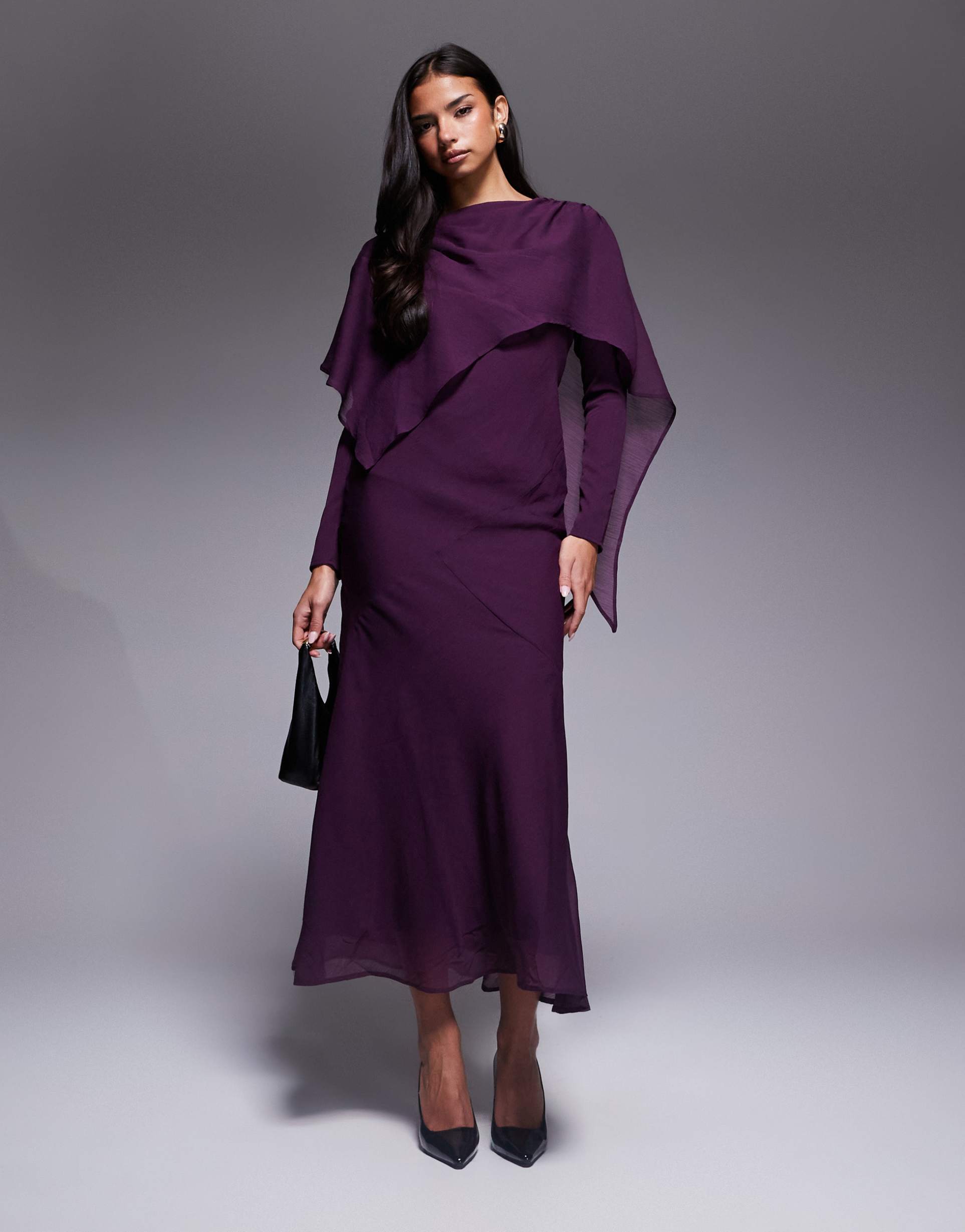 asos design long sleeve asymmetric cape overlay maxi dress in plum